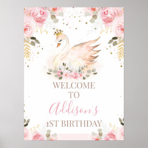 Pink Floral Princess Swan Birthday Welcome Sign