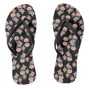 Pink floral print pattern on black thongs
