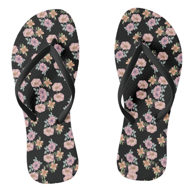 Pink floral print pattern on black thongs (Footbed)