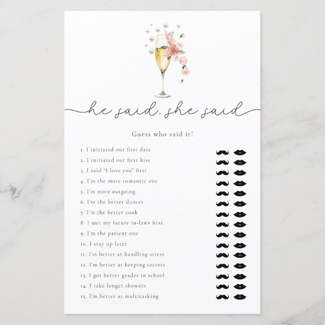 Pink Floral Prosecco He Said She Said Bridal Game (Front)