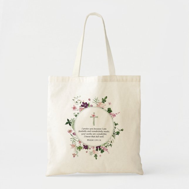 Pink Floral Psalm 139:14  Tote Bag (Front)