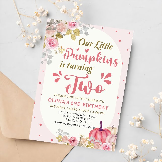 Pink Floral Pumpkin 2nd Birthday Party Invitation (Creator Uploaded)