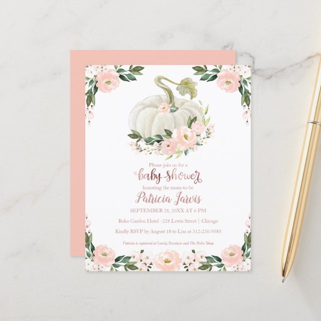 Pink Floral Pumpkin Baby Shower Budget Invitation (Front/Back In Situ)