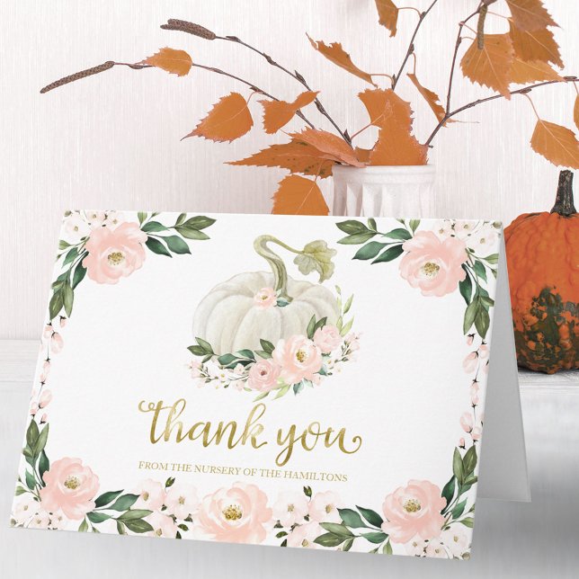 Pink Floral Pumpkin Fall Baby Shower Thank You Card (Creator Uploaded)