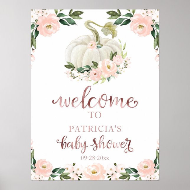 Pink Floral Pumpkin Fall Baby Shower Welcome Sign  (Front)