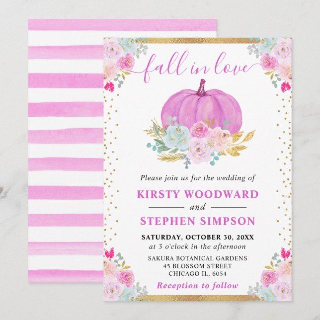 Pink Floral Pumpkin Fall Wedding Invitation (Front/Back)