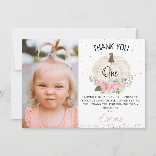  Pink Floral Pumpkin Photo Birthday Thank You Card (Front)