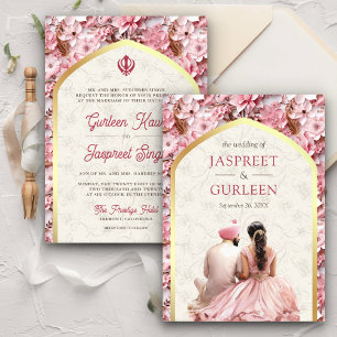 Pink Floral Punjabi Anand Karaj Sikh Wedding Invitation