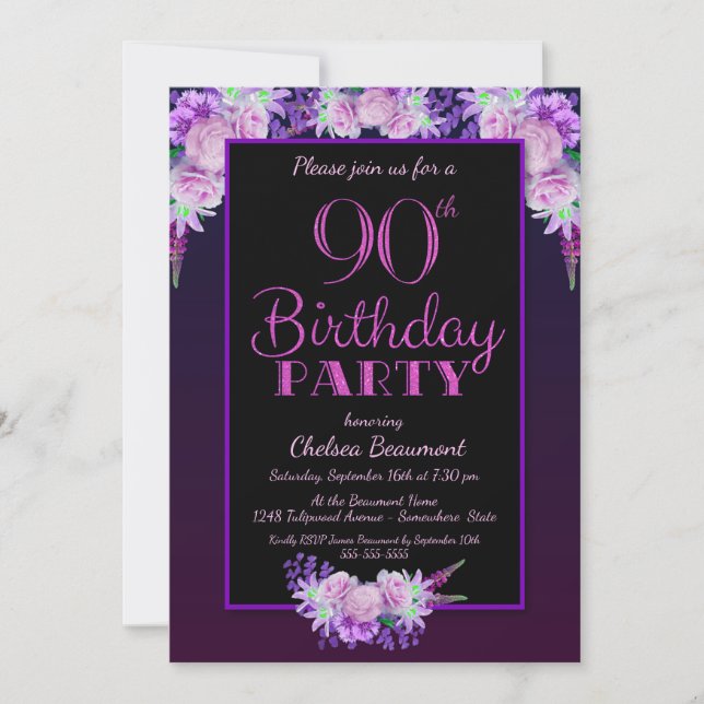 Pink Floral Purple 90th Birthday Party Invitation (Front)