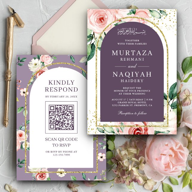 Pink Floral Purple Arch QR Code Muslim Wedding Invitation (Creator Uploaded)