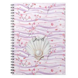 Pink Floral Purple Stripes Shell Pearl Notebook