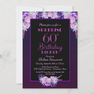 Pink Floral Purple Surprise 60th Birthday Dinner Invitation