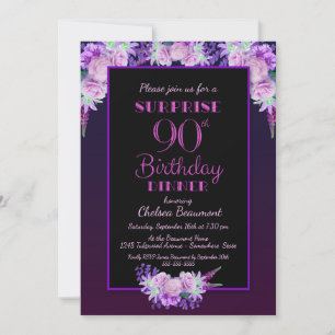 Pink Floral Purple Surprise 90th Birthday Dinner Invitation