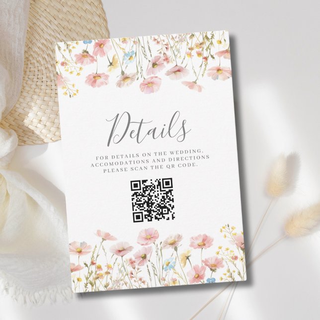 Pink Floral QR Code Wedding Detail Enclosure  Card (Creator Uploaded)