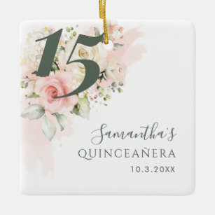 Pink Floral Quinceanera 15th Birthday Botanical Ceramic Ornament