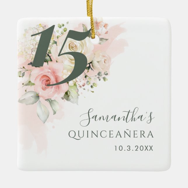 Pink Floral Quinceanera 15th Birthday Botanical Ceramic Ornament (Front)