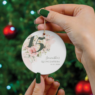 Pink Floral Quinceanera 15th Birthday Greenery Ceramic Ornament
