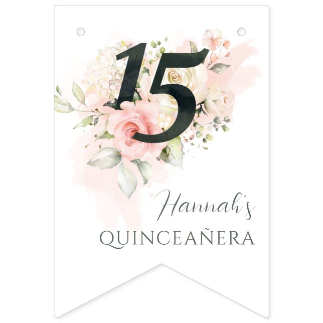 Pink Floral Quinceanera 15th Birthday Party Bunting (First Flag)