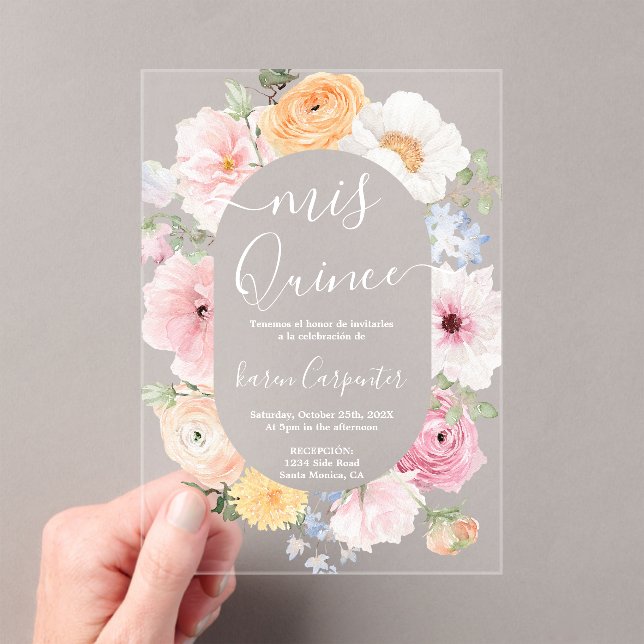 Pink Floral Quinceanera Acrylic Invitation (Insitu (Handheld))