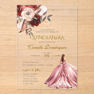 Pink Floral Quinceanera Acrylic Invitations