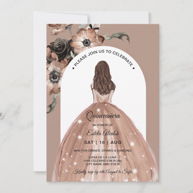 Pink Floral Quinceañera, Boho Quinceanera Invitation (Front)