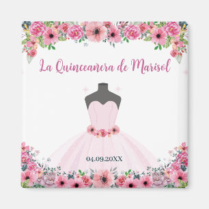 Pink Floral Quinceanera Dress Party Magnet