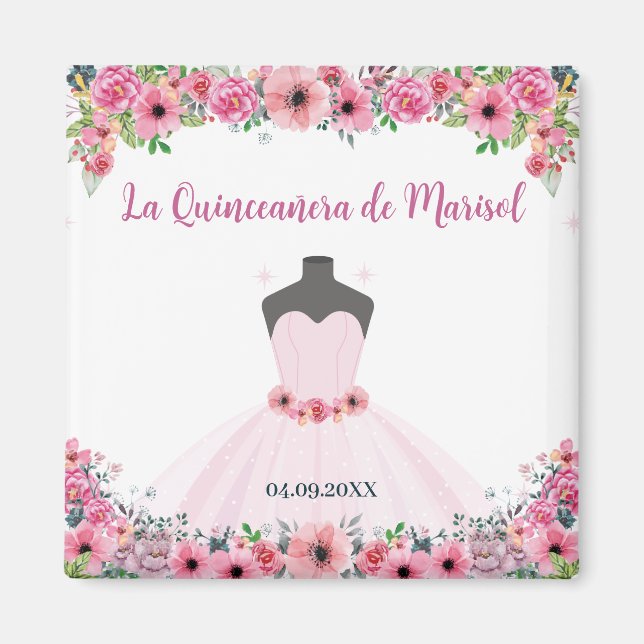 Pink Floral Quinceanera Dress Party Magnet (Front)