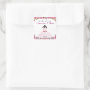 Pink Floral Quinceanera Dress Party Square Sticker