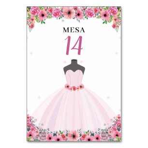 Pink Floral Quinceanera Dress Party Table Number