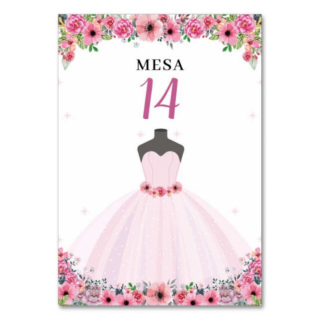 Pink Floral Quinceanera Dress Party Table Number (Front)