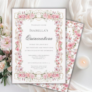 Pink Floral Quinceañera Elegant Celebration 15 Invitation