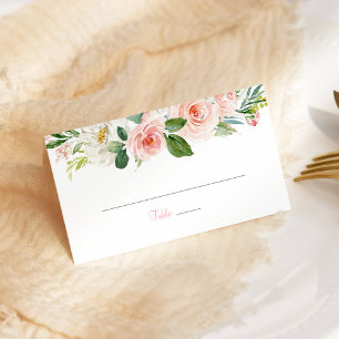 Pink Floral Quinceañera Folded Place Card Roses