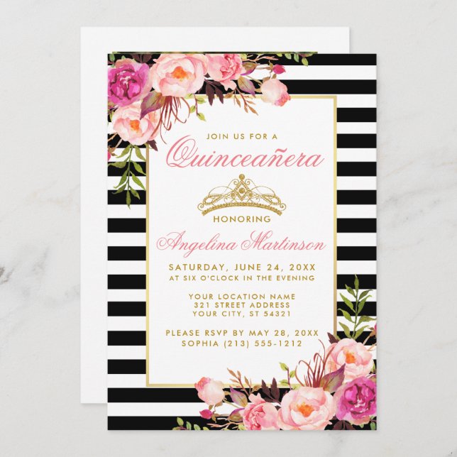Pink Floral Quinceanera Gold Crown Striped Photo Invitation (Front/Back)