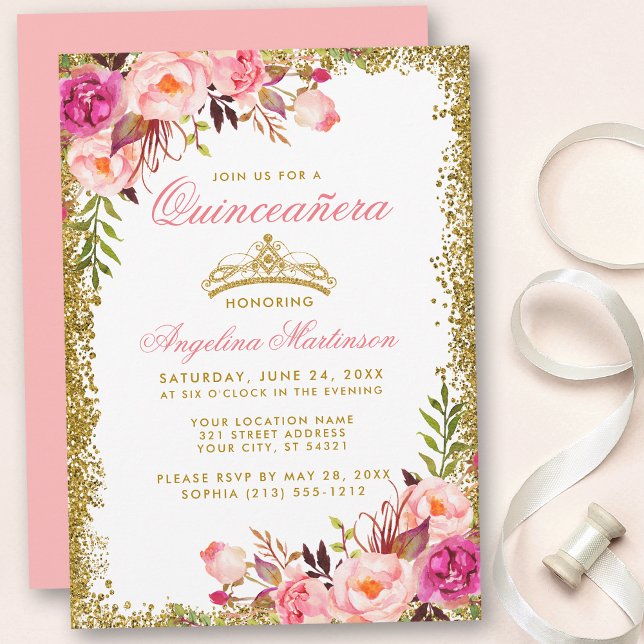 Pink Floral Quinceanera Gold Glitter Crown Invitation (Customize to change text color, style, add text & photos to back or change color of back of card.)