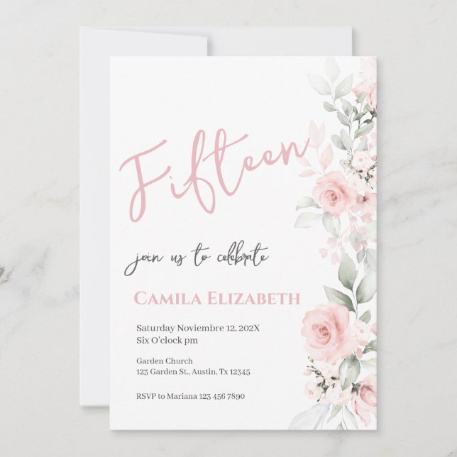 Pink Floral Quinceañera Invitation (Front)