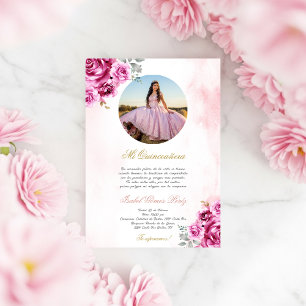 Pink floral Quinceanera invitation with picture