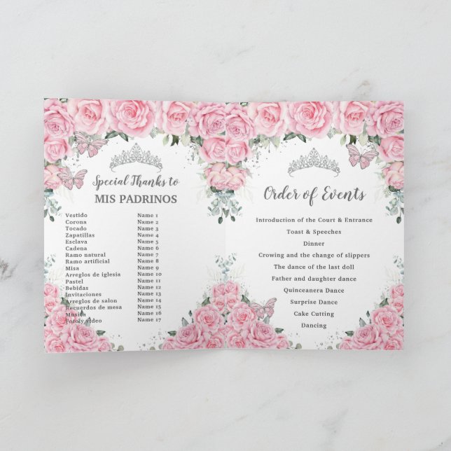Pink Floral Quinceañera Order of Events Padrinos  Program (Inside)