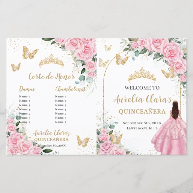 Pink Floral Quinceanera Order of Events Program (Front)