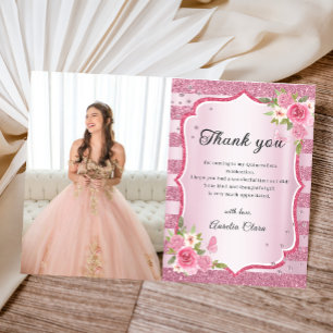Pink Floral Quinceanera Photo Thank You Card