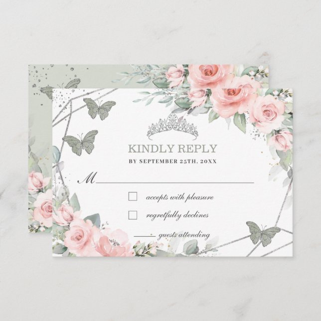 Pink Floral Quinceañera Sage Green Butterflies RSVP Card (Front/Back)