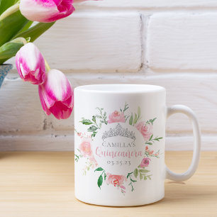 Pink Floral Quinceañera Silver Tiara Personalised Coffee Mug
