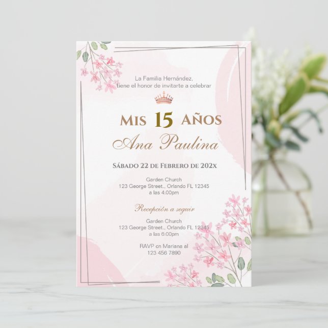 Pink Floral Quinceañera Spanish Invitation (Standing Front)