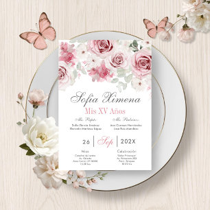 Pink Floral Quinceañera Spanish Invitation