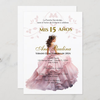 Pink Floral Quinceañera Spanish Invitation