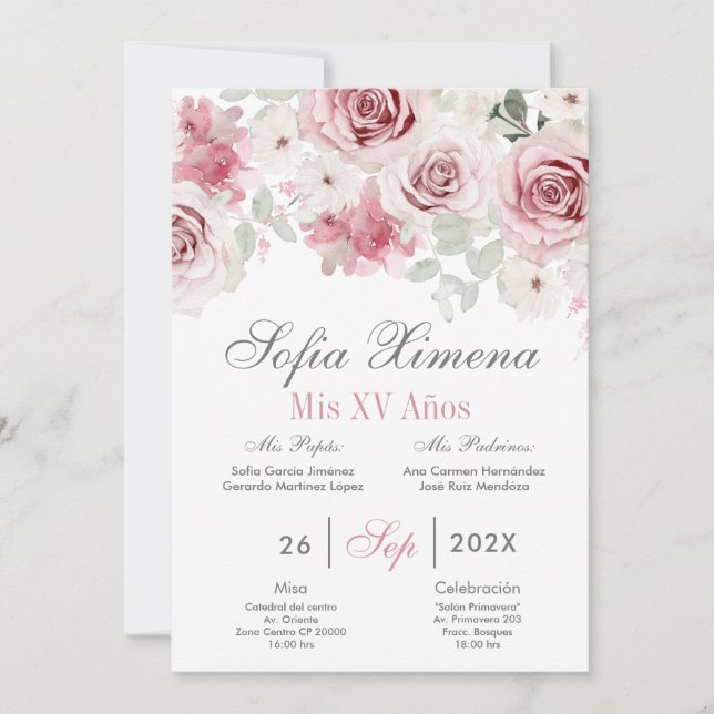 Pink Floral Quinceañera Spanish  Invitation (Front)