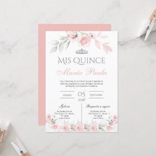 Pink Floral Quinceañera Spanish Invitation