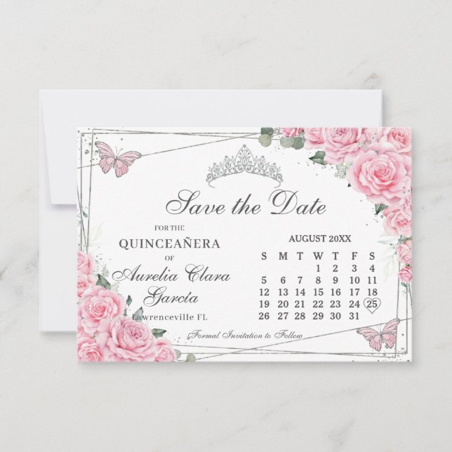 Pink Floral Quinceanera Sweet Sixteen Calendar Save The Date (Front)