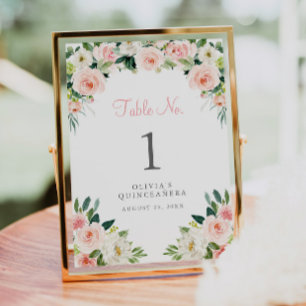 Pink Floral Quinceañera Table Number Card Roses