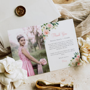 Pink Floral Quinceañera Thank You Card 3 Photos