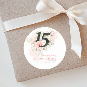 Pink Floral Quinceanera Watercolor 15th Birthday Classic Round Sticker